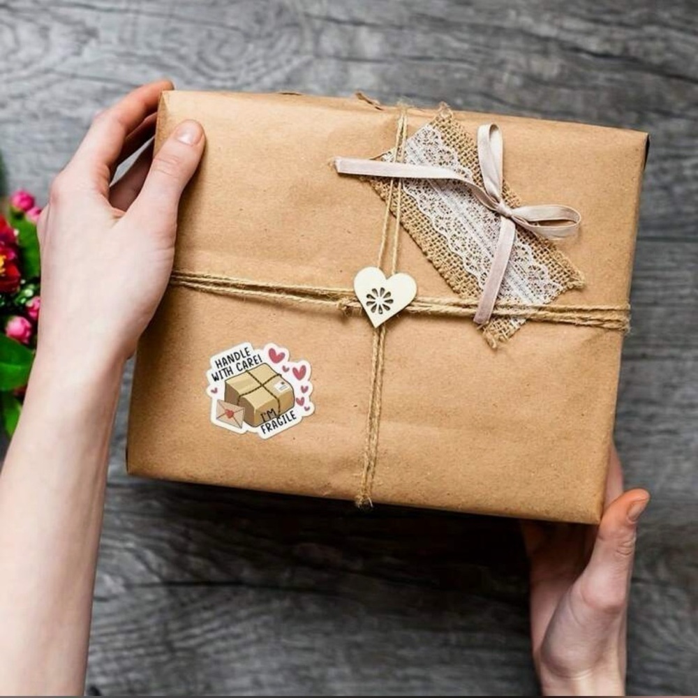 50 stickers Handle with Care Package and Hearts Design